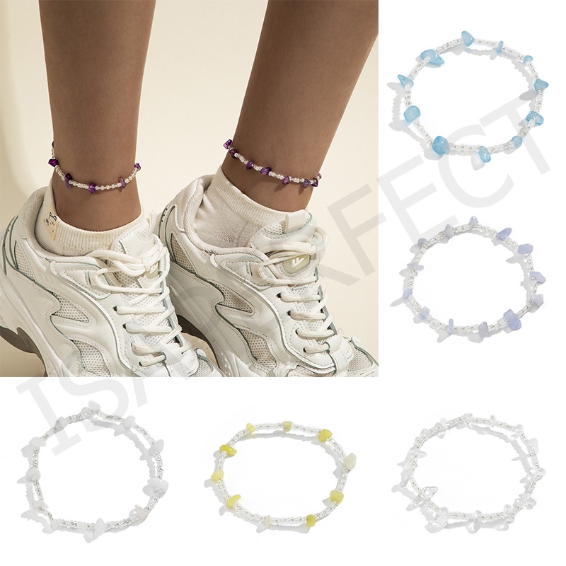 Ins Beach Style Single Layer Trend Irregular Colored Stone Anklet Wanita Kecil Segar Dan Sederhana Manik-manik Beras Manik-manik Tenunan Kaki Ornamen