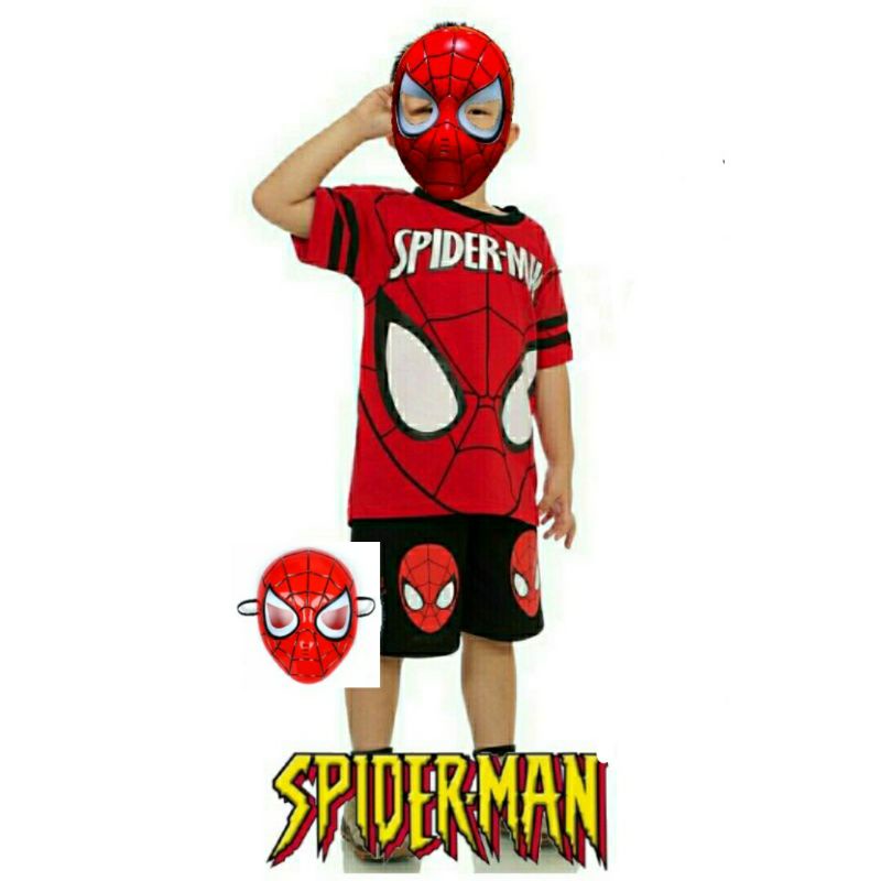 SETELAN ANAK SPIDERMAN PENDEK + TOPENG TERBARU