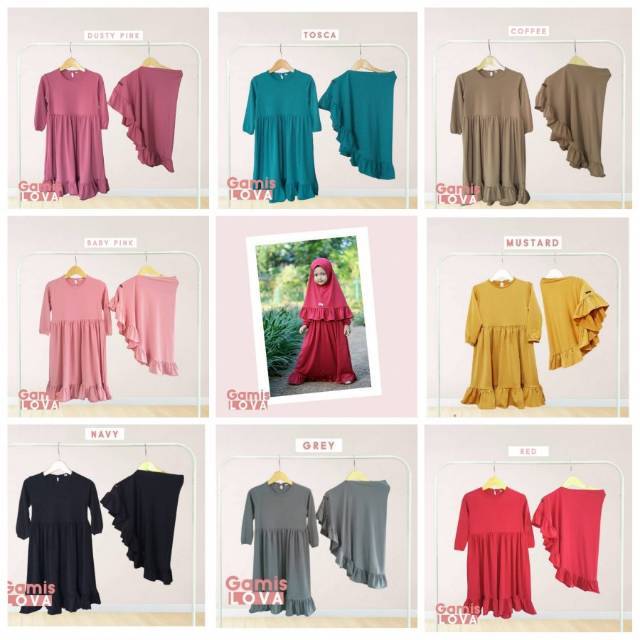 Gamis Anak Satu Set Jilbab Polos Jersey Premium - Pakaian Muslim Anak Perempuan Gamis Lova