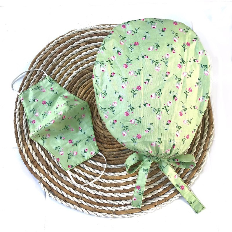 Topi Bedah Surgical Cap / Nurse Cap / Topi Perawat Motif Hijau Bunga Tulip