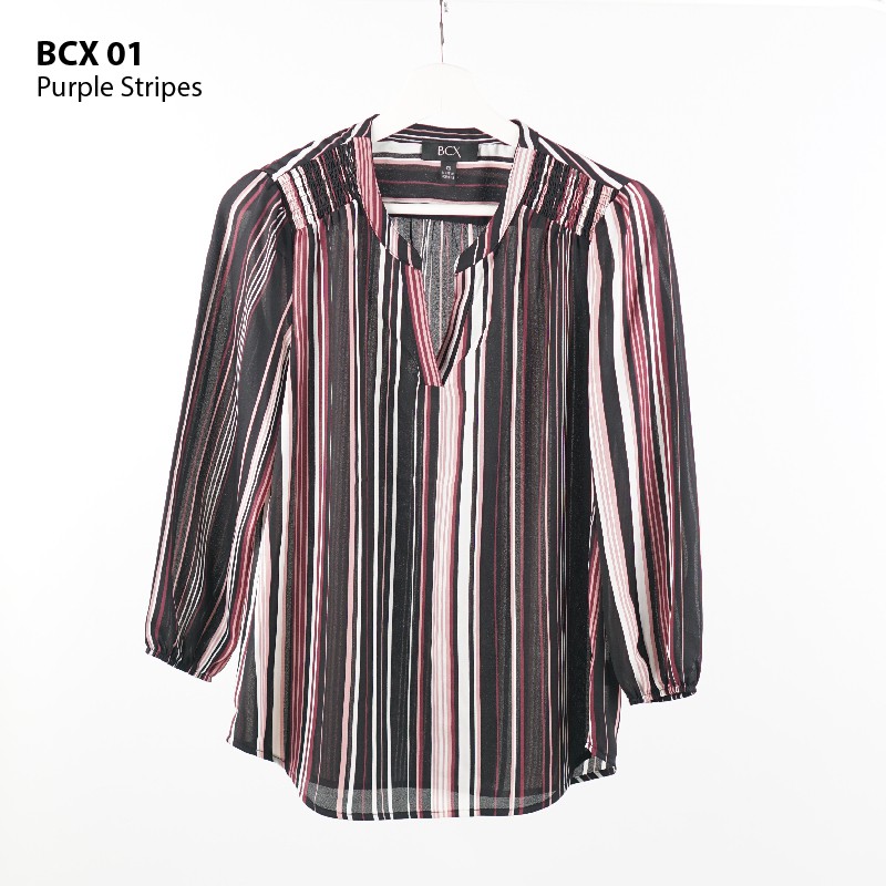 Pakaian Atasan Wanita Blouse Mini Garis Motif Purple Stripe Promo Reseller Dropship Murah Branded