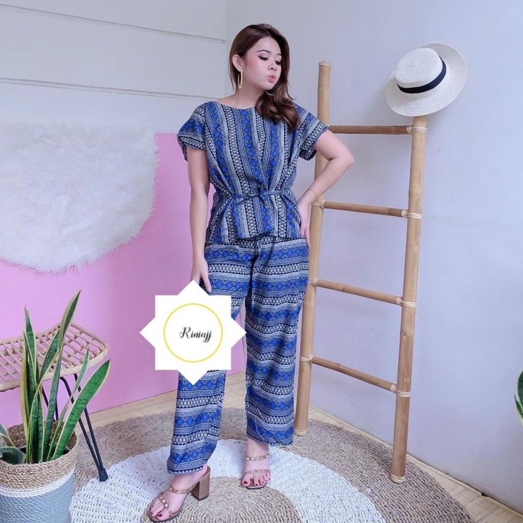 Daster Babydoll Panjang Bali-SET PAN ETNIK BIRU