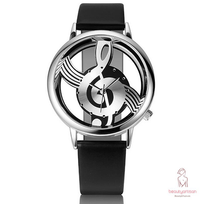 Murah [Bayar Di Tempat]BR Jam Tangan Quartz Analog Desain Not Musik Hollow Strap Kulit PU untuk