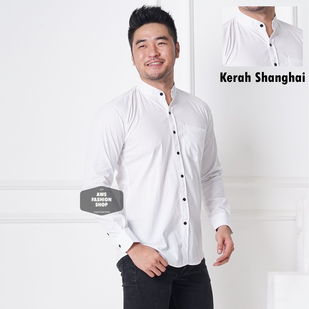 Kemeja Polos Pria Lengan Panjang Kerah Shanghai Kancing 1 Putih Banyak Warna Casual Slimfit 3340