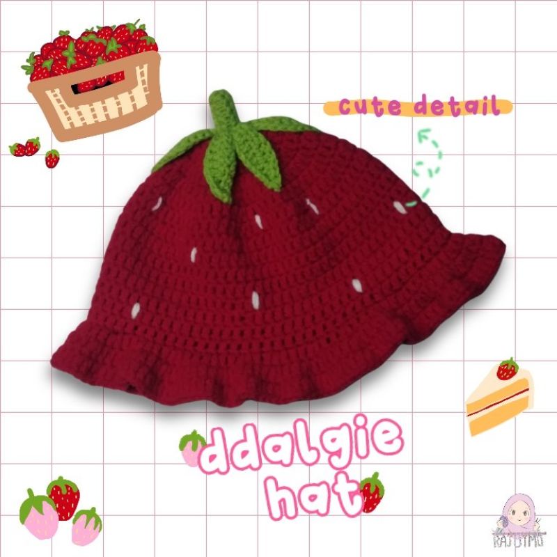 Ddalgie Hat / Crochet Strawberry Hat  / Topi Strawberry Rajut / Topi Rajut / Crochet Bucket Hat