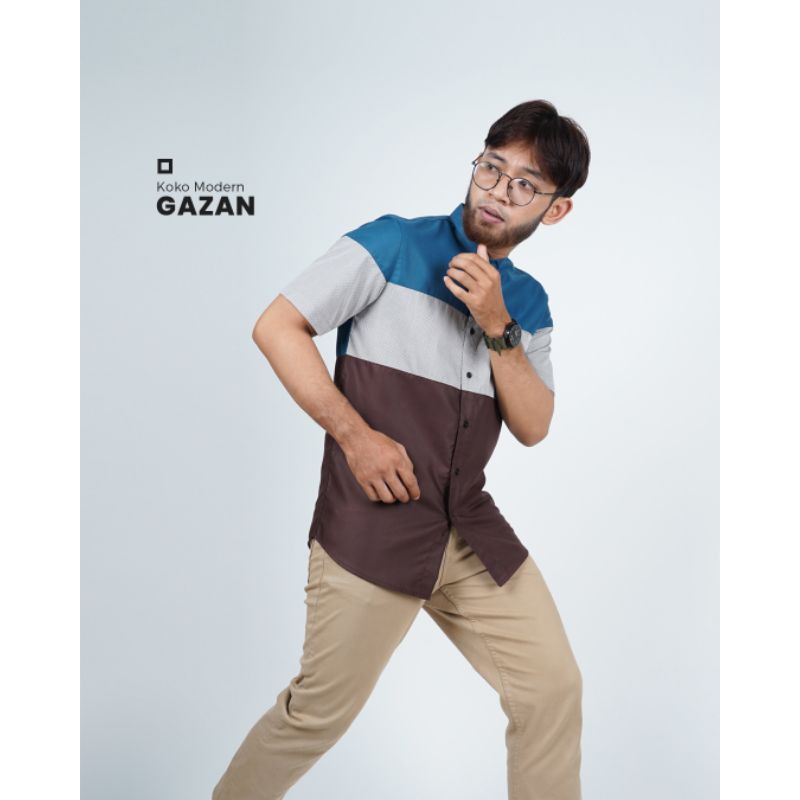 Fadkhera Gazan Short Baju Koko Kemeja Pria Dewasa Modern Kemko Lengan Pendek Slimfit Cokelat Biru To
