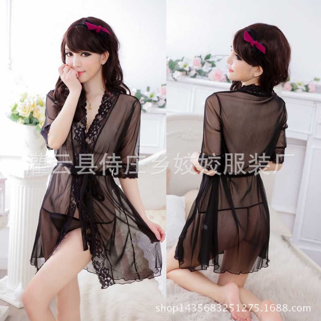 LI-48 kimono hitam transparan chiffon sexy lingerie baju tidur wanita seksi