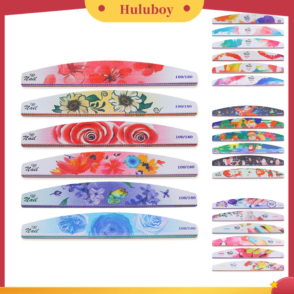 Huluboy Huluboy♡ 6pcs / Set Kikir Kuku Bentuk Bulan Sabit Dua Sisi Warna-Warni Untuk Manicure Wanita