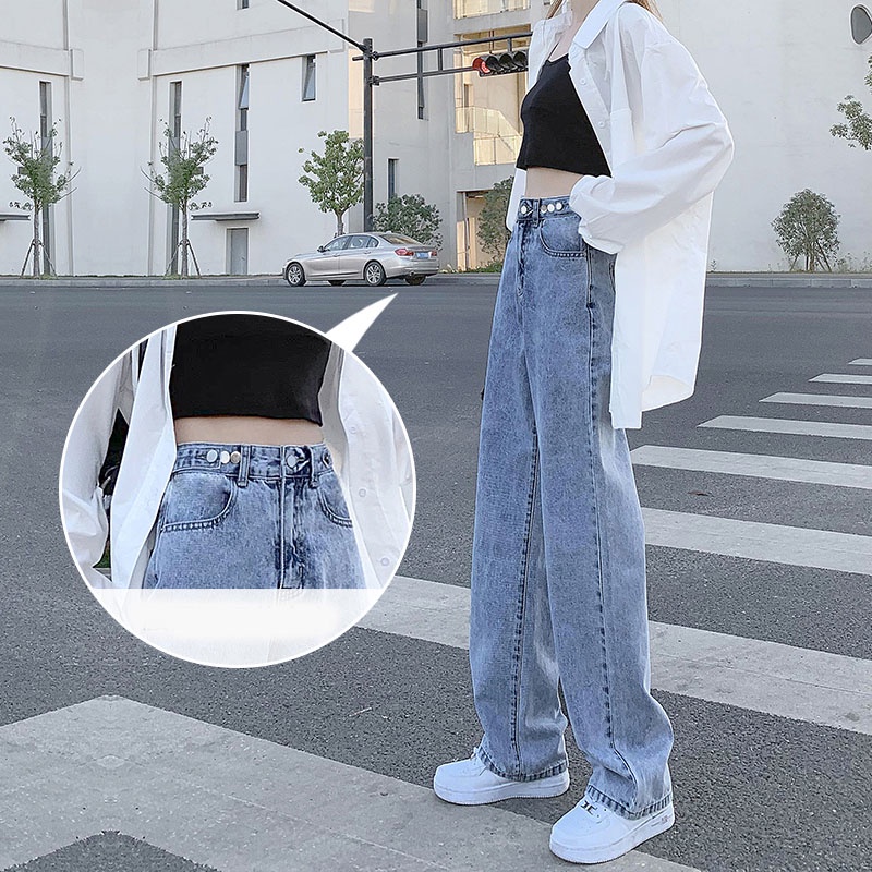 Jeans longgar pinggang tinggi wanita Korea dengan warna biru muda