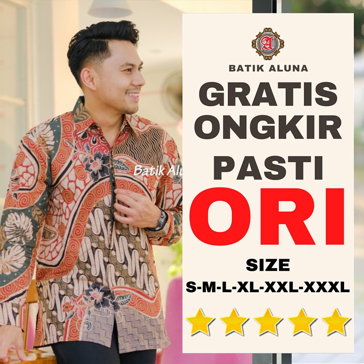 Baju Kemeja Pria Batik  Lengan Panjang Ukuran Jumbo XXL XXXL K023 Batik Aluna Premium Solo Hem Batik