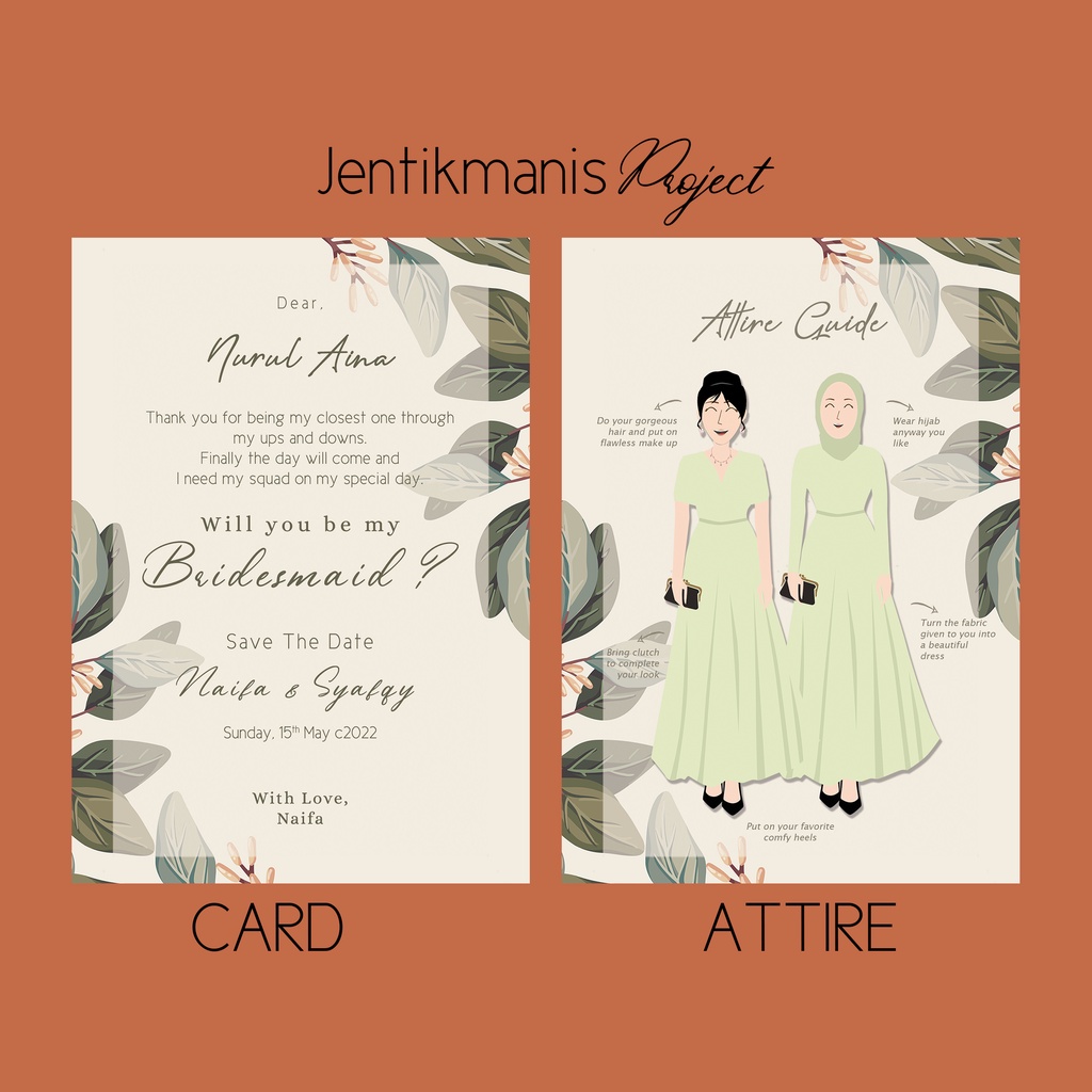 

[TANPA MIN ORDER] BRIDESMAID CARD 2 LEMBAR UK A5 (BRIDESMAID+ATTIRE GUIDE)