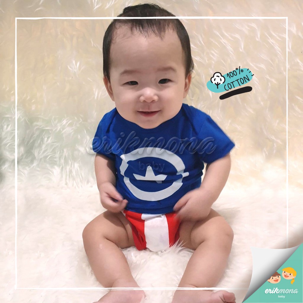 Ermon Baby - Jumper Bayi Laki Laki Jumper Baby Cowok Lucu Karakter Superhero Captain Amerika + Topi Usia 0 - 12 Bulan