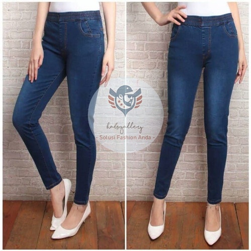 Celana Jeans Legging Wanita Pinggang Karet Bahan Denim Tebal Legging Jeans Cewek Ukuran 27 sampai 30