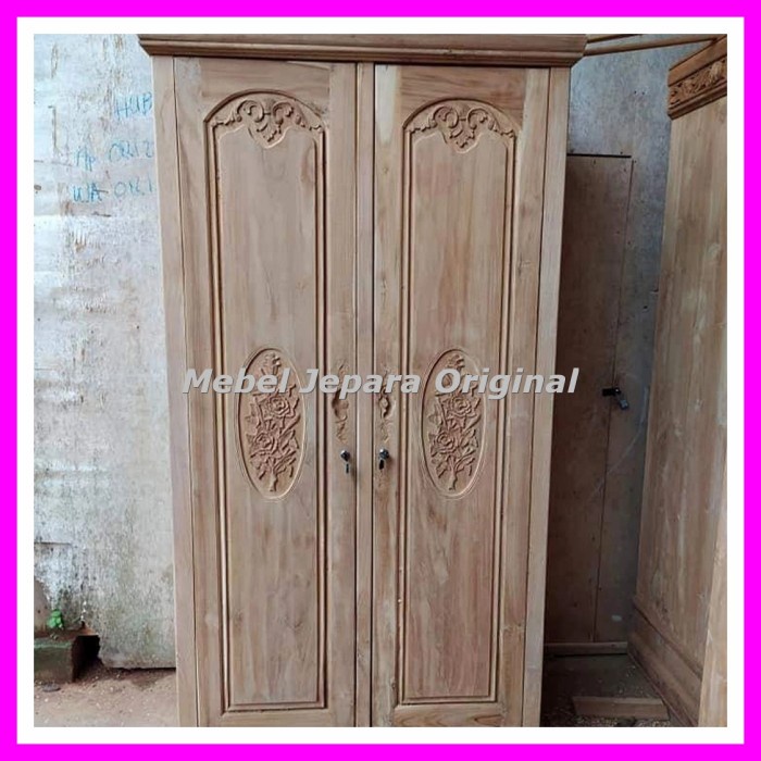 Almari Baju Kayu Jati - Lemari Pakaian Pintu 2 Ukir Jepara Jati Mentah Original