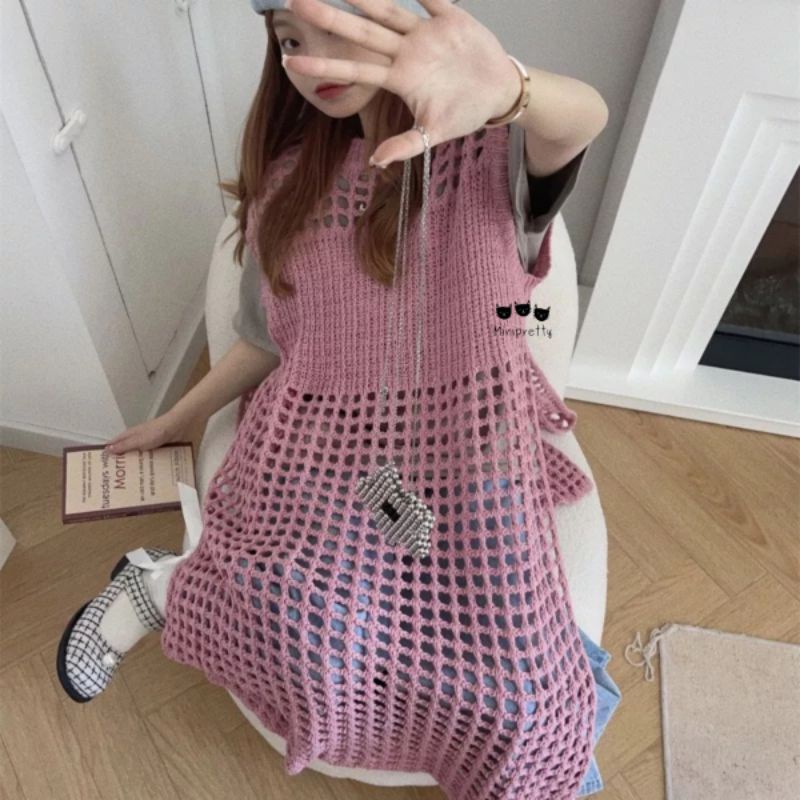 Atasan Tunik Rajut Jaring Tanpa Lengan / Hollow Dress Knitted Top Outer