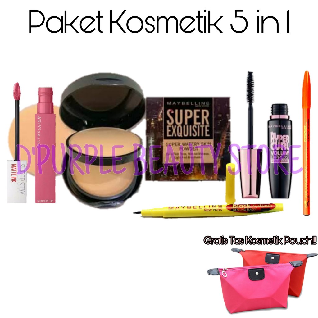 Paket Kosmetik Maybelline Lengkap Murah 5 in 1 Gratis Tas Kosmetik Pouch