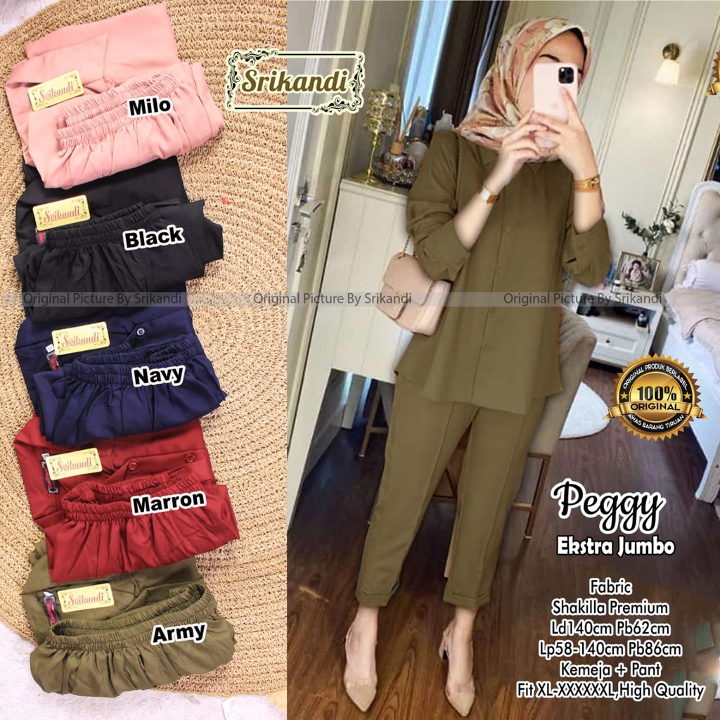 PEGGY EXTRA JUMBO SETELAN ONE SET SETCEL ATASAN BAWAHAN TUNIK PANTS CASUAL POLOS JUMBO BAHAN SHAKILL