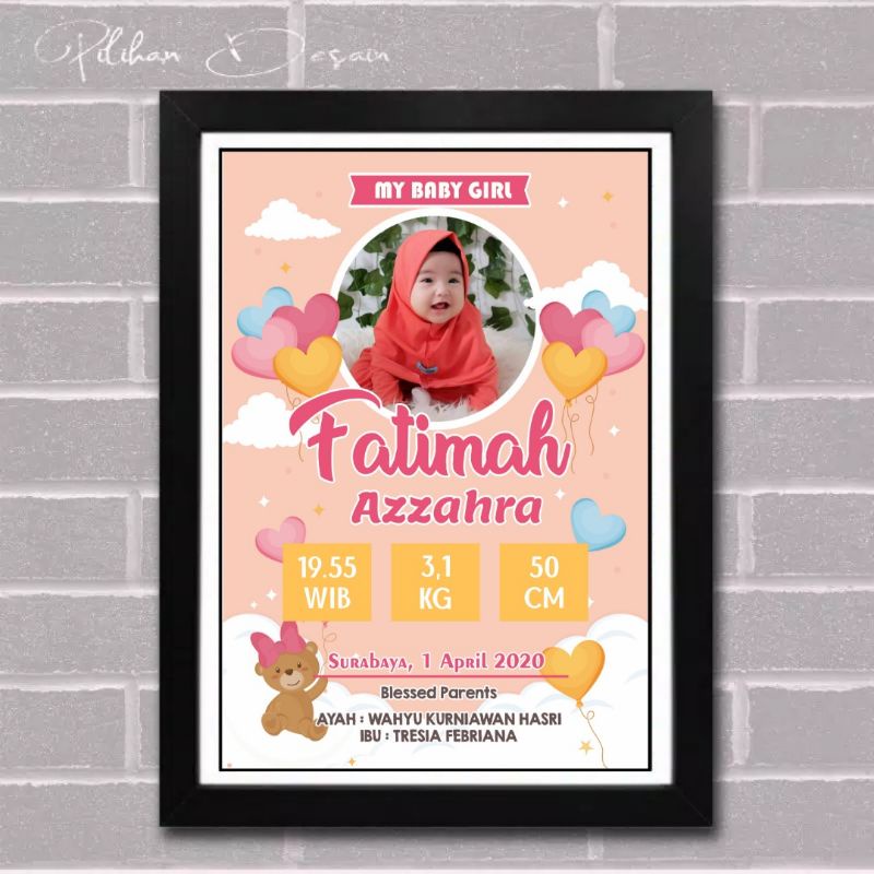 FRAME KACA + CETAK + DESAIN foto biodata anak bayi hadiah gift kado hampers lahiran melahirkan unik