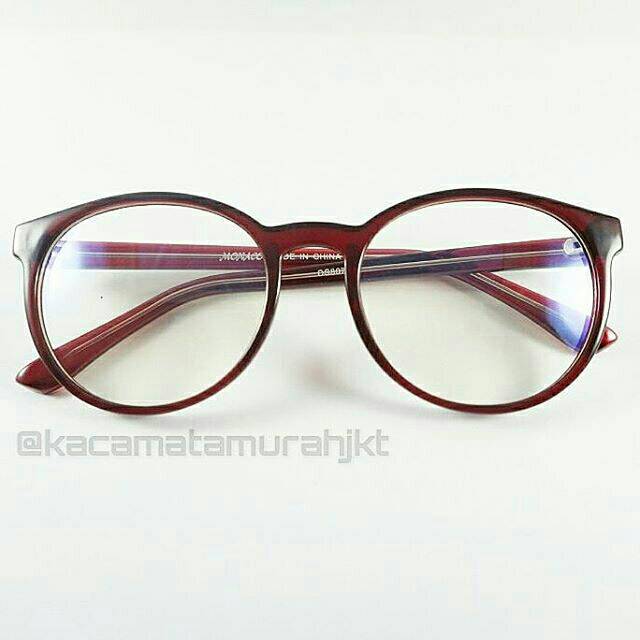 Frame kacamata bulat besar kaca bening warna marun