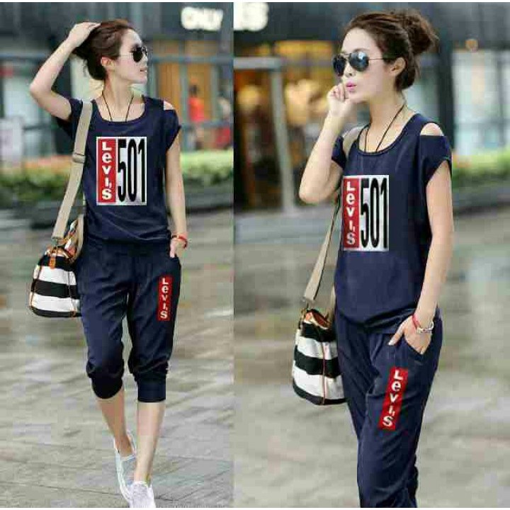 Setelan Wanita Kaos Jumbo Training Stelan Levis Navy Tali.1120