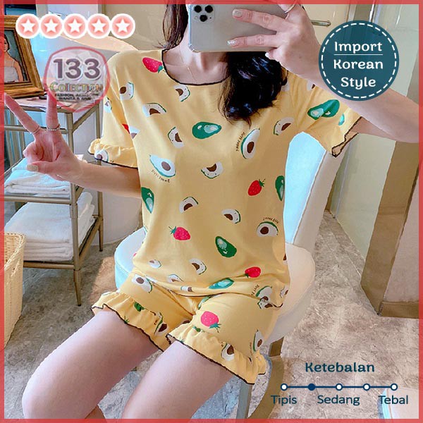Baju Tidur Neci Keriwil Import Rumbai 居家服 | Setelan Piyama HP Hotpants Gelombang-Avocado