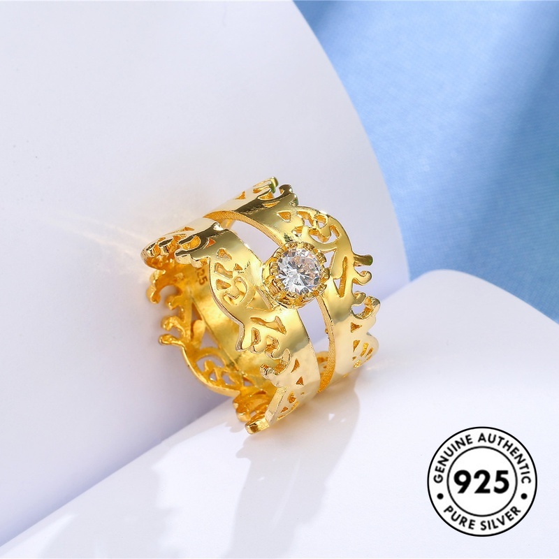 Cincin Bentuk Mahkota Aksen Berlian Bahan S925 Silver Gaya Retro