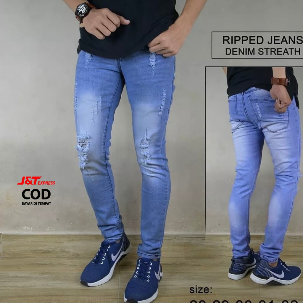 Celana Jeans Panjang Robek Robek pria Ice blue Size 27 38 Celana Jeans Panjang Robek Robek pria Ice blue Size 27 38