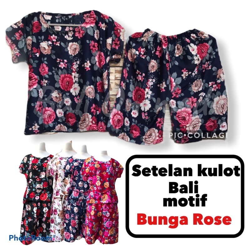 setelan kulot pendek Bali motif bunga Rose