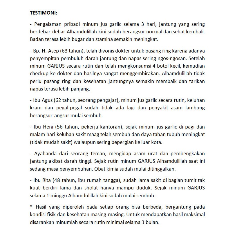 RAMUAN DIABETES (TANPA-MADU) - Jus Bawang Putih Tunggal Jahe Merah Lemon Cuka Apel Cinnamon Kayumanis - Darah Tinggi Asam Urat Kolesterol Detox Amandel Wasir Ramuan Herbal Garlic Juice Garjus 600ml