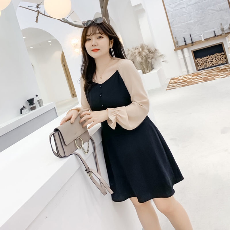 Spring and autumn dress 2021 new large women's dress 200kg skirt V-neck contrast color fat mm thin l