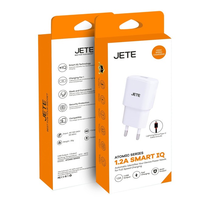 JETE ATOMIC 1.2A ADAPTOR CHARGER TC TRAVEL GARANSI RESMI JETE TERMURAH