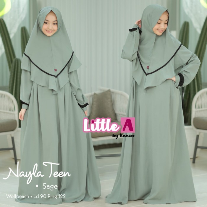 Gamis Syari Anak Remaja Nayla Bahan Wolfis Original Littel A by Kanza - Sage