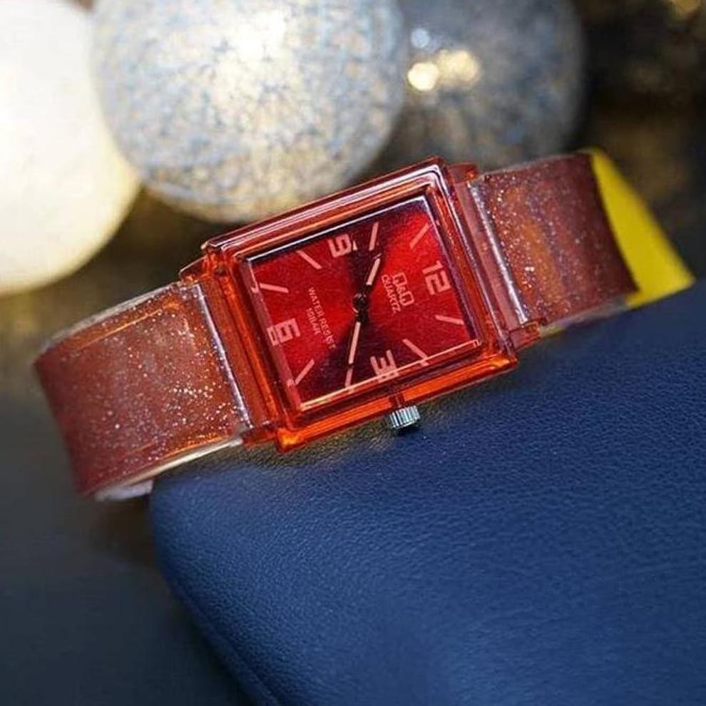 HOT Jam Tangan Qnq Jelly Gliter Kotak Transparan Keren Q&Q Jelly
