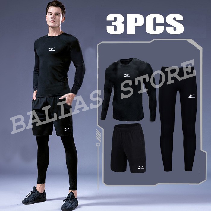 PAKET SETELAN BASELAYER LEGGING MANSET PRIA DAN CELANA FUTSAL SEPEDA VOLI FITNESS GYM PRIA WANITA-KOMPLIT MZNO