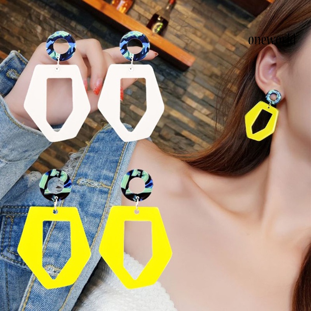 OW@ Fashion Circle Hollow Hexagon Acrylic Long Dangle Women Stud Earrings Jewelry