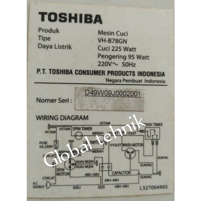 ORIGINAL KARET VBELT FAN V BELT MESIN CUCI  THOSIBA LAUNDRINA VH-B78GN(WH) MANUAL 2 TABUNG