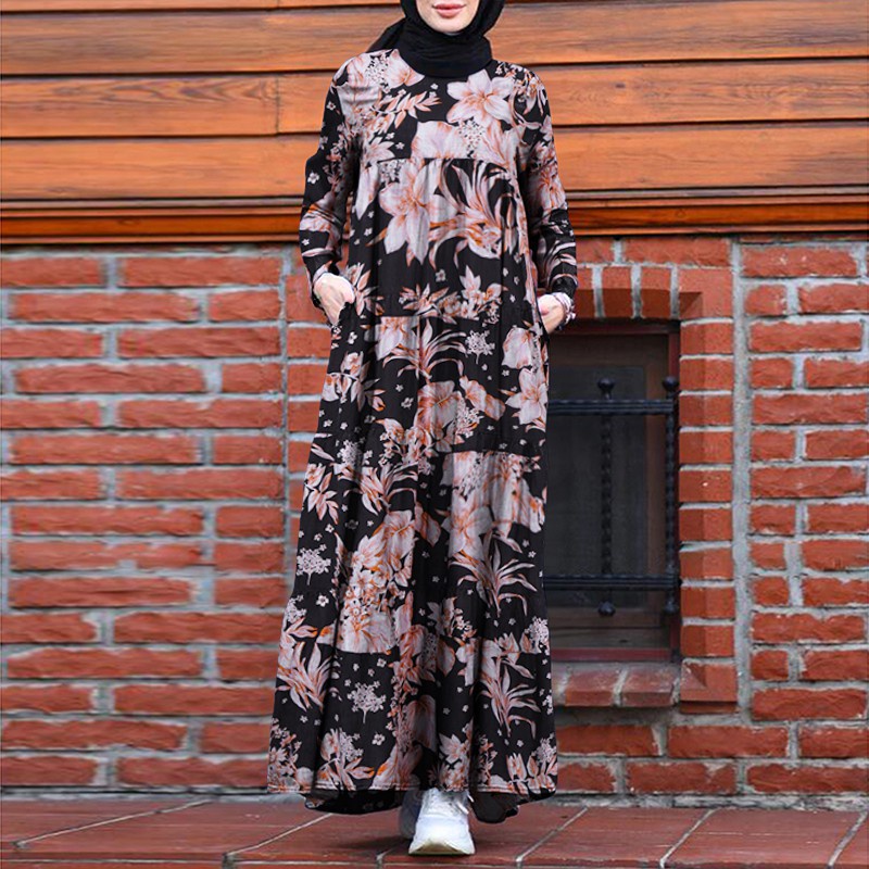 ZANZEA Women Long Sleeve Printed Vintage Back Zipper Muslim Maxi Dress