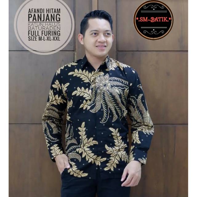 Kemeja Batik Pria Lengan Panjang AFANDI HITAM Bahan Katun Baturaden