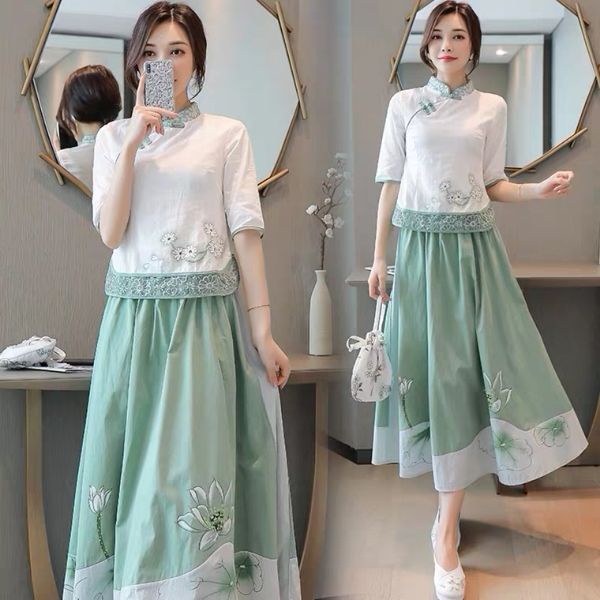 spring and summer cotton hemp cheongsam dress feminine Tang suit female Matcha gr