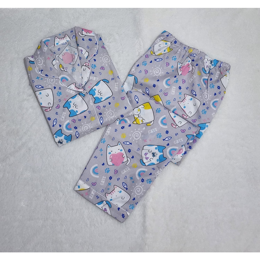 Baju Tidur Dewasa Gambar Lucu LD 104cm / Piyama Katun Lengan Pendek Celana Panjang CP-CP CAT MINI ABU L