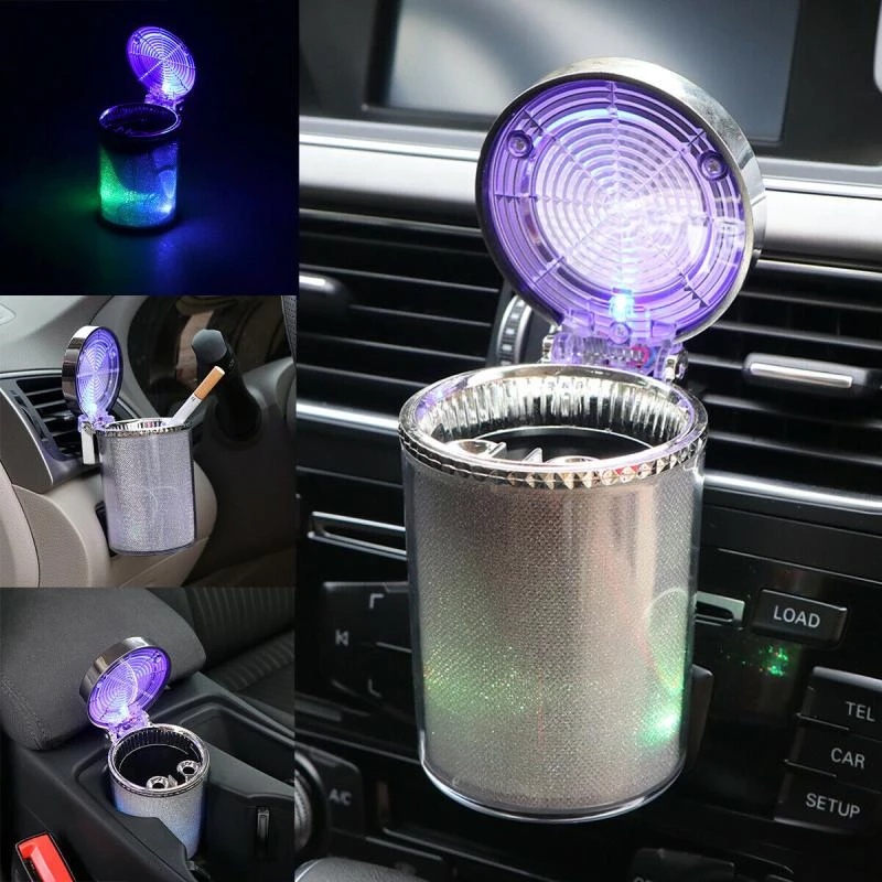 [1 Pcs Portable Car Ashtray With LED Light][Airtight Lid Multifunctional Vehicle Cup Holder Air Vent Ashtray Trash]