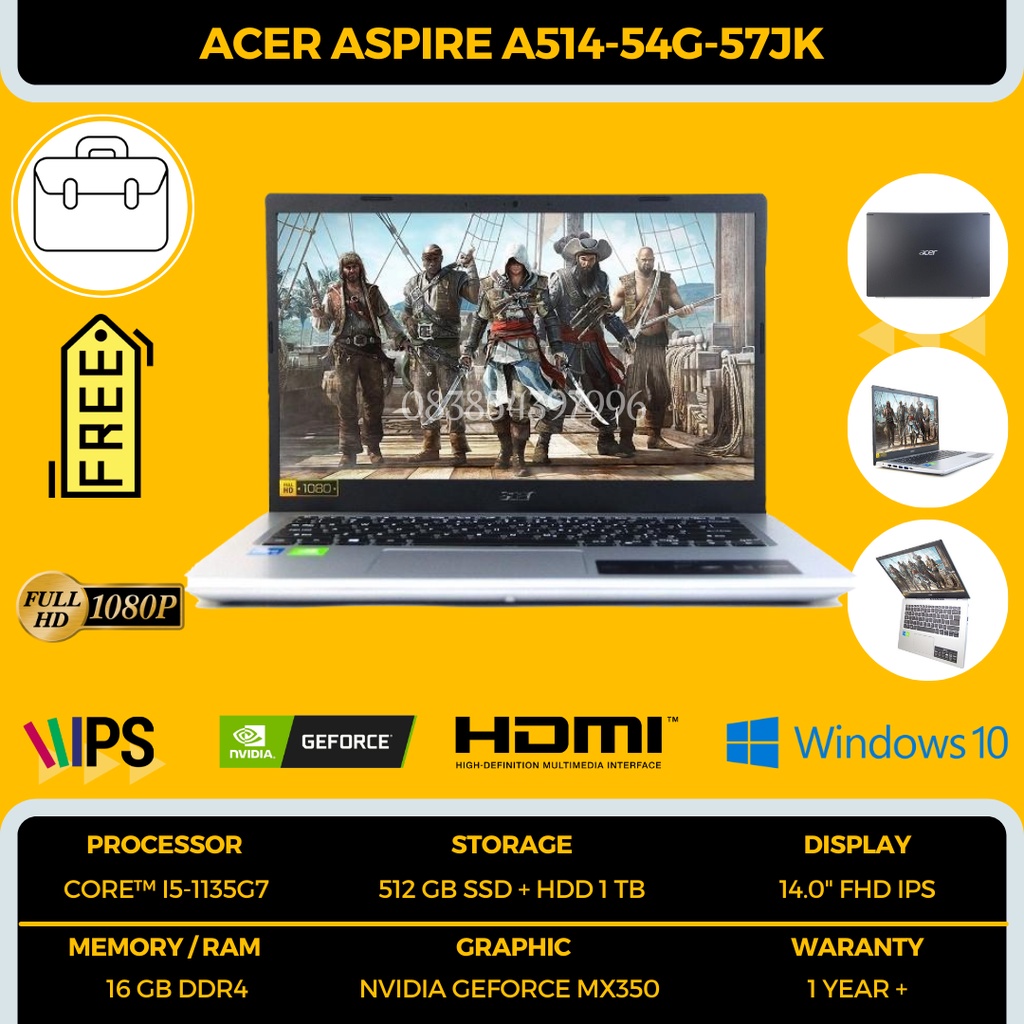 ACER GAMING COMBO STORAGE (SSD 512GB + HDD 1TB) ASPIRE A514-54G-57JK - CORE I5-1135G7 - RAM 16GB - VGA NVIDIA GEFORCE MX350 2GB - 14&quot; FHD IPS - BONUS TAS LAPTOP - TEKNO KITA