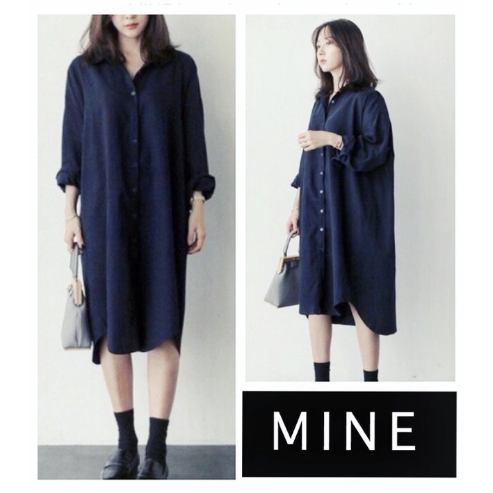 MINE long sleeve button down shirt dress (dark blue)