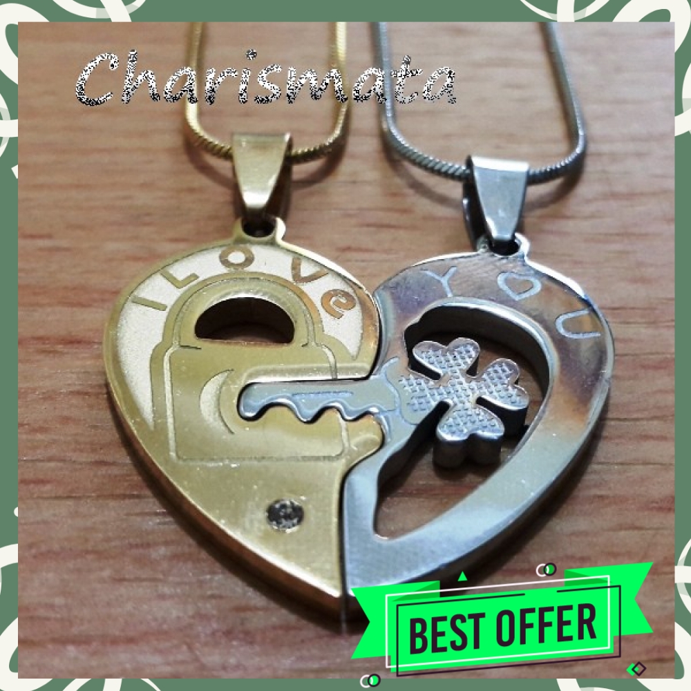 KALUNG COUPLE TITANIUM HATI KUNCI GEMBOK I LOVE YOU