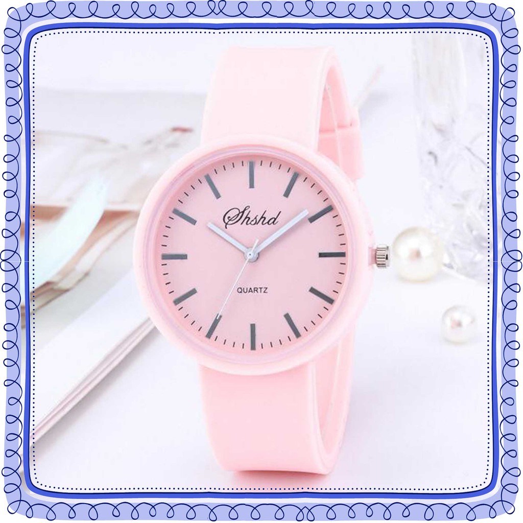 Jam Tangan Warna Pastel Jam Tangan Wanita Quartz Warna Soft SIlikon-Pink