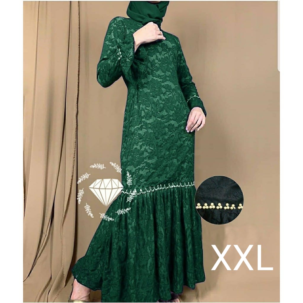 PCS MAXY NURHALIZA DUYUNG MUTIARA BRUKAT FASHION PAKAIAN WANITA DRESS GAMIS MAXI 5 UKURAN M L XL XXL 3XL MS ADA VIDEO REVIEW ASLI PRODUK-Hijau XXL
