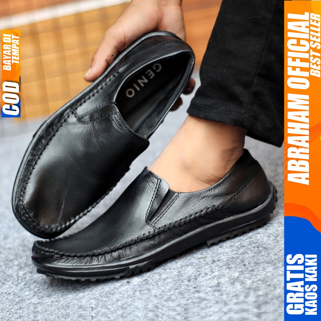 Sepatu Casual Pria Formal Slip On Pantofel Kulit Asli Kerja Kantor Kondangan Kuliah Hitam Fashion Shoes Terbaru Murah Kekinian Original RODAS ABRAHAM