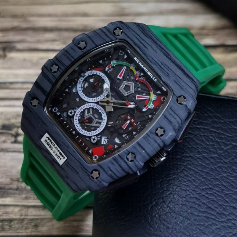 Jam Tangan Pria Rm Richard Mile Crono Aktif Super Mewah - Jam Tangan Pria Tali Rubber Hijau