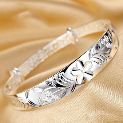 925 perak sterling gelang riak air gelang fashion perhiasan wanita gelang antik empat daun semanggi gelang fashion perhiasan wanita / Vintage four-leaf clover bracelet fashion jewelry women