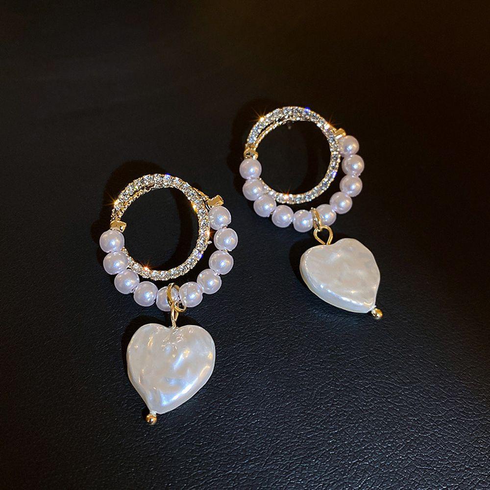 Mxbeauty Wanita Anting Hoop Geometris Temperamen Mutiara Pesta Gadis Hadiah Berlian Imitasi Cinta Liontin